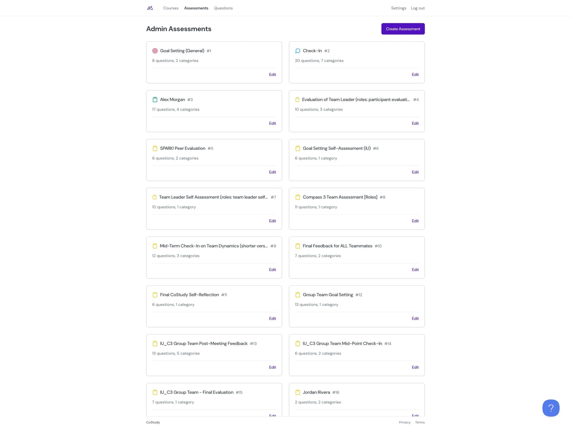 Assessment library showing research-backed question templates organized by role