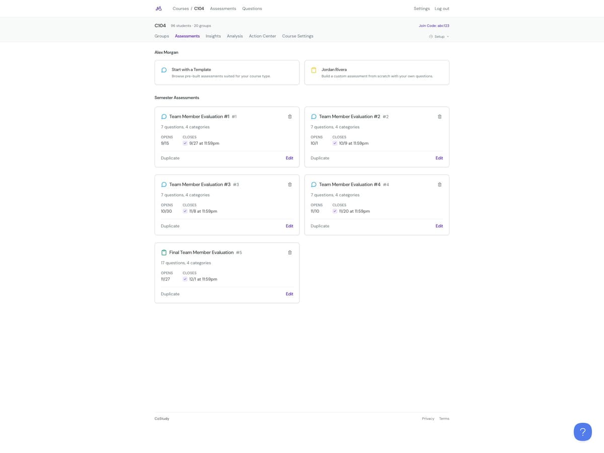 Course assessments setup showing team assessments with dates and question counts