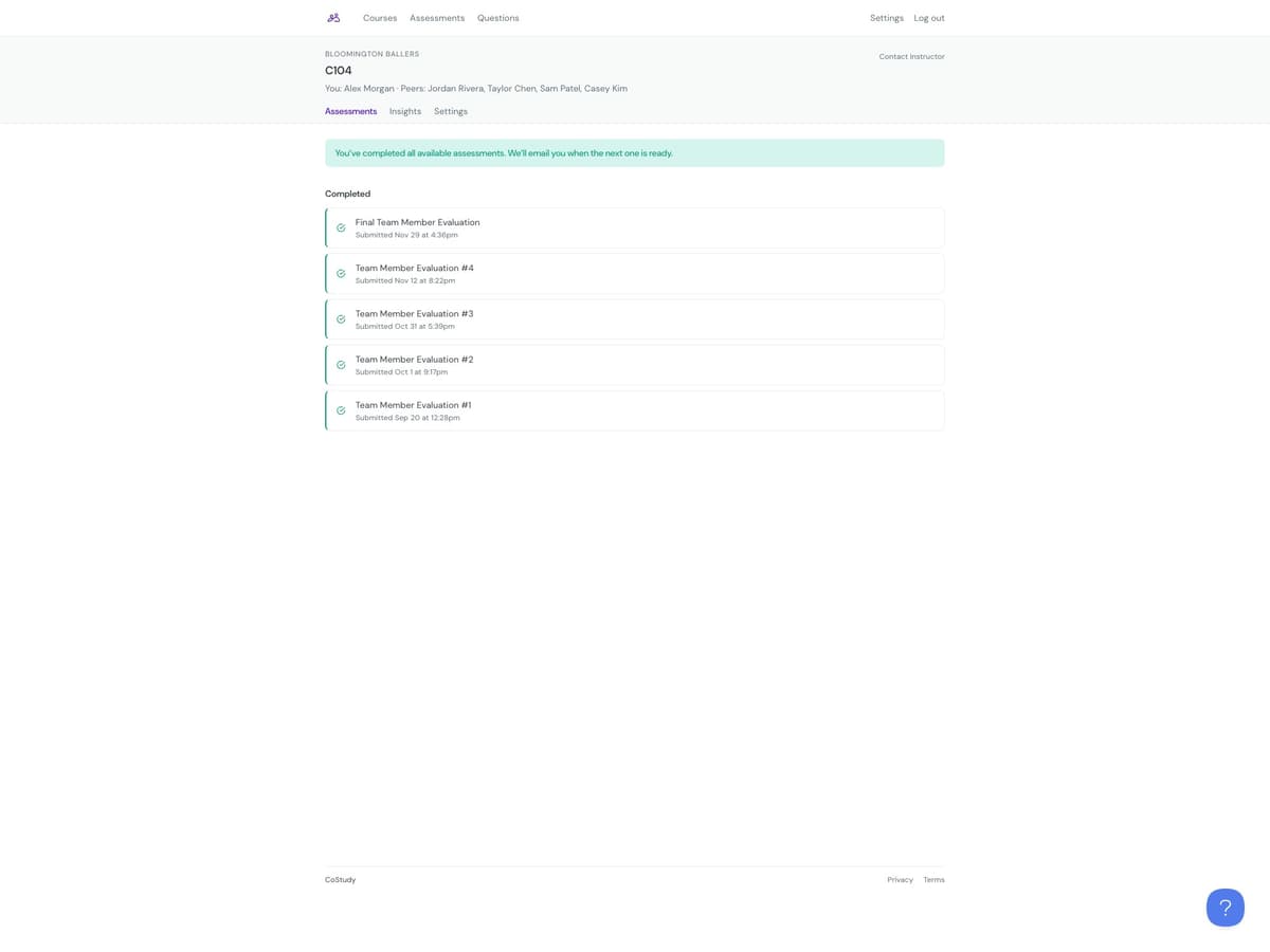 Student dashboard showing pending assessments and personal insights